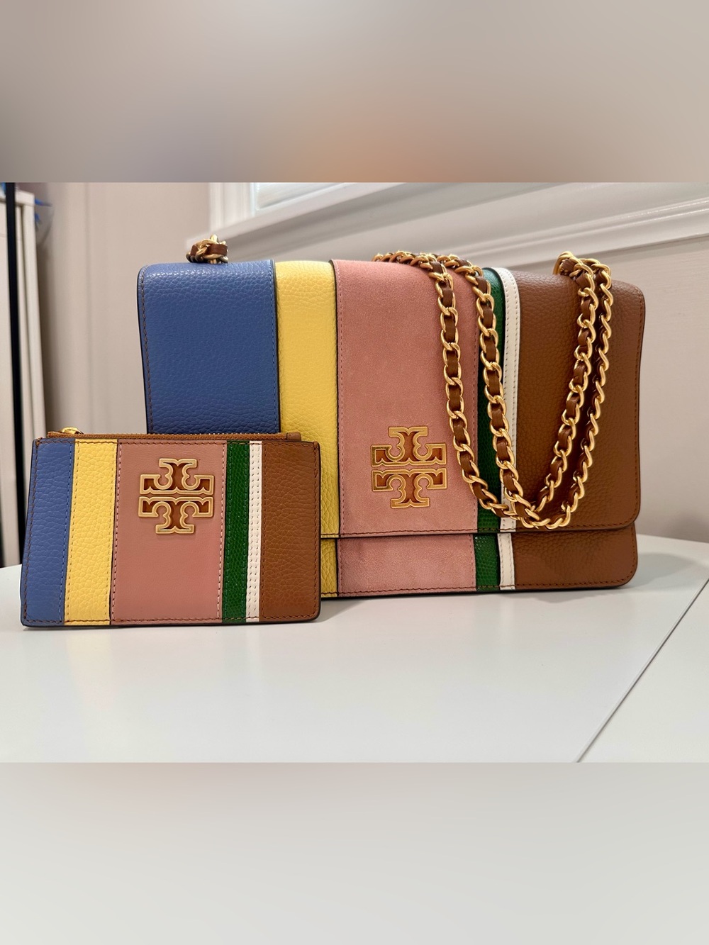 Tory Burch Multicolor Colorblock Chain Shoulder Bag with Card Wallet